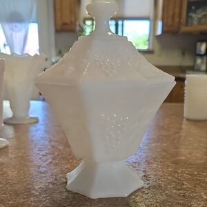 Vintage Anchor Hocking Milk Glass Candy Dish: Grape Pattern Octagon Pedestal